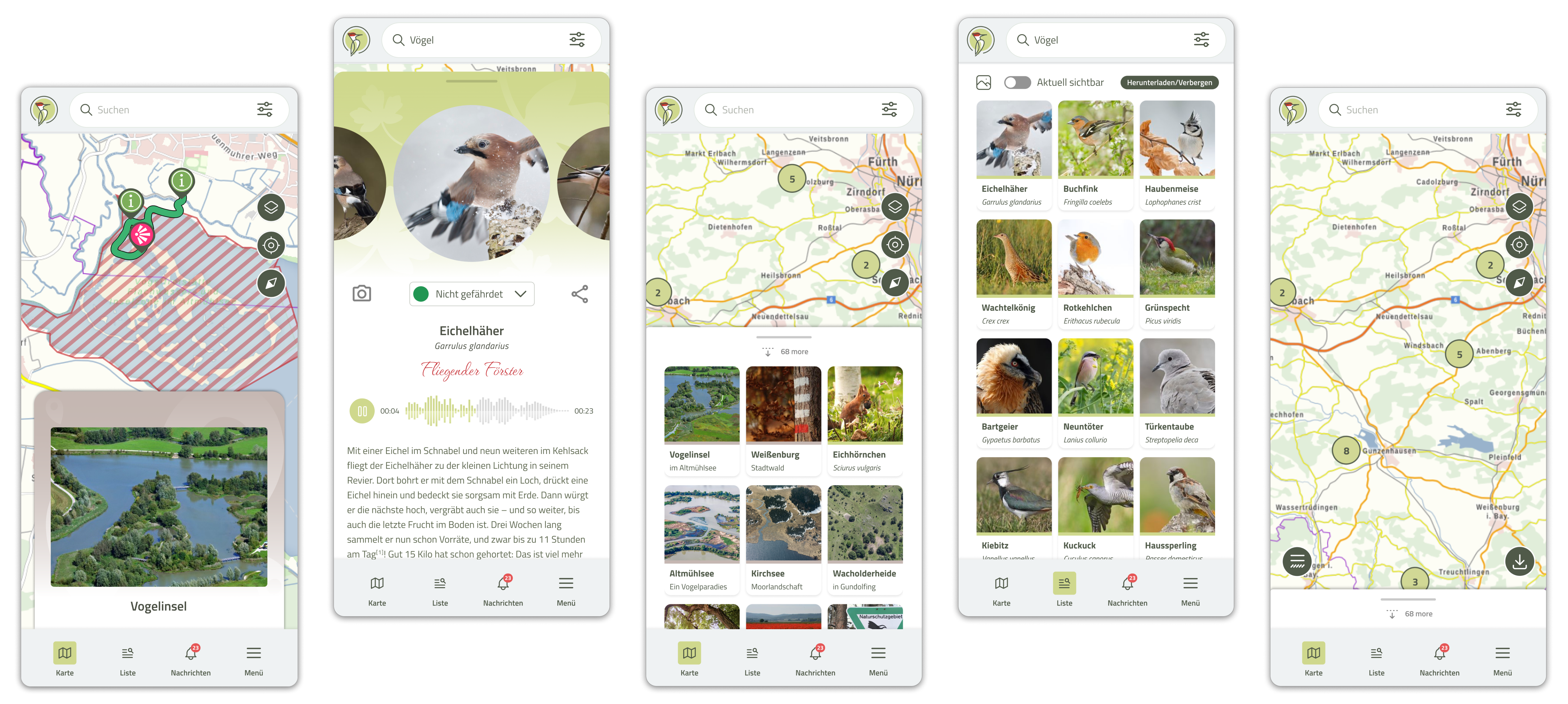 Bildschirmdarstellungen von der App mit unter anderem Lageinformationen zu interessanten Beobachtungspunkten für Pflanzen und Tiere